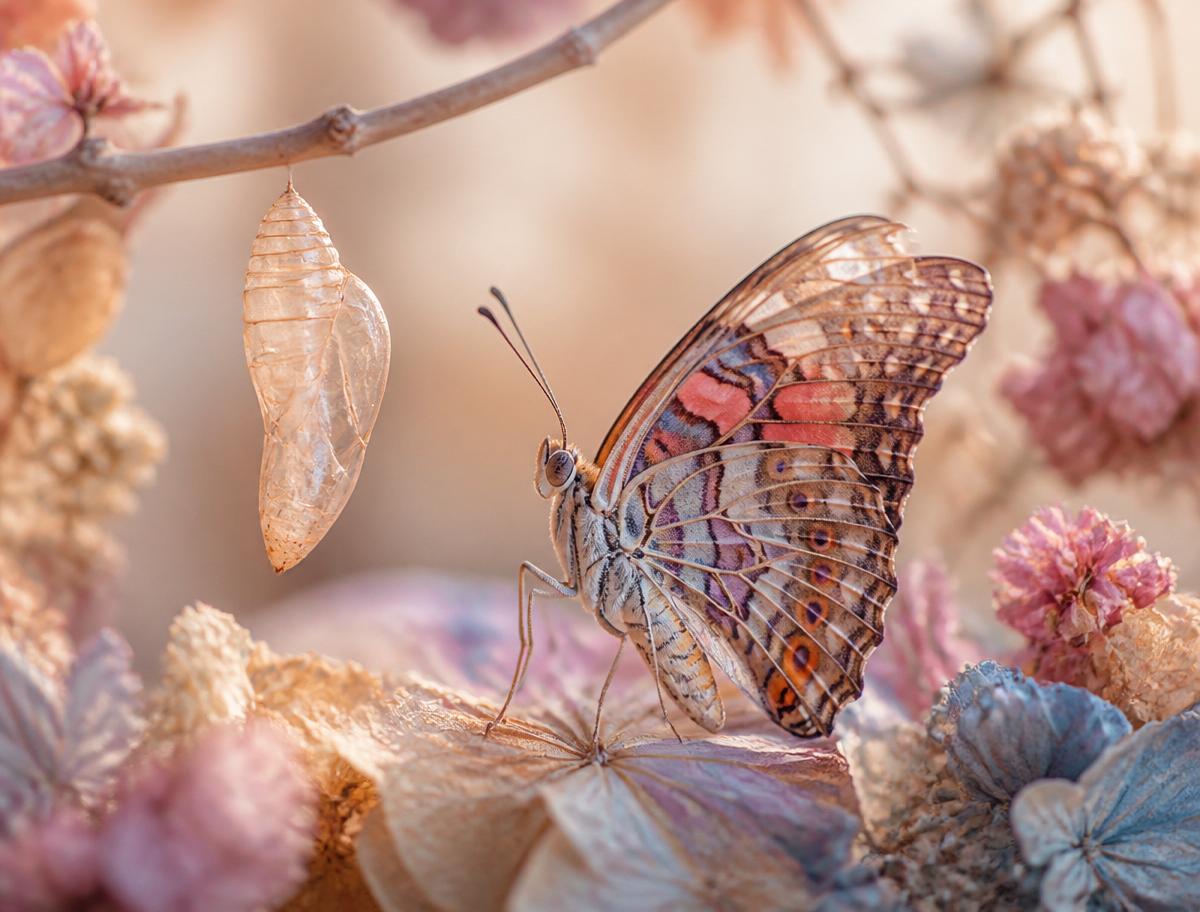 Newly emerged butterfly strengthening its wings, representing rebuilding and growth.