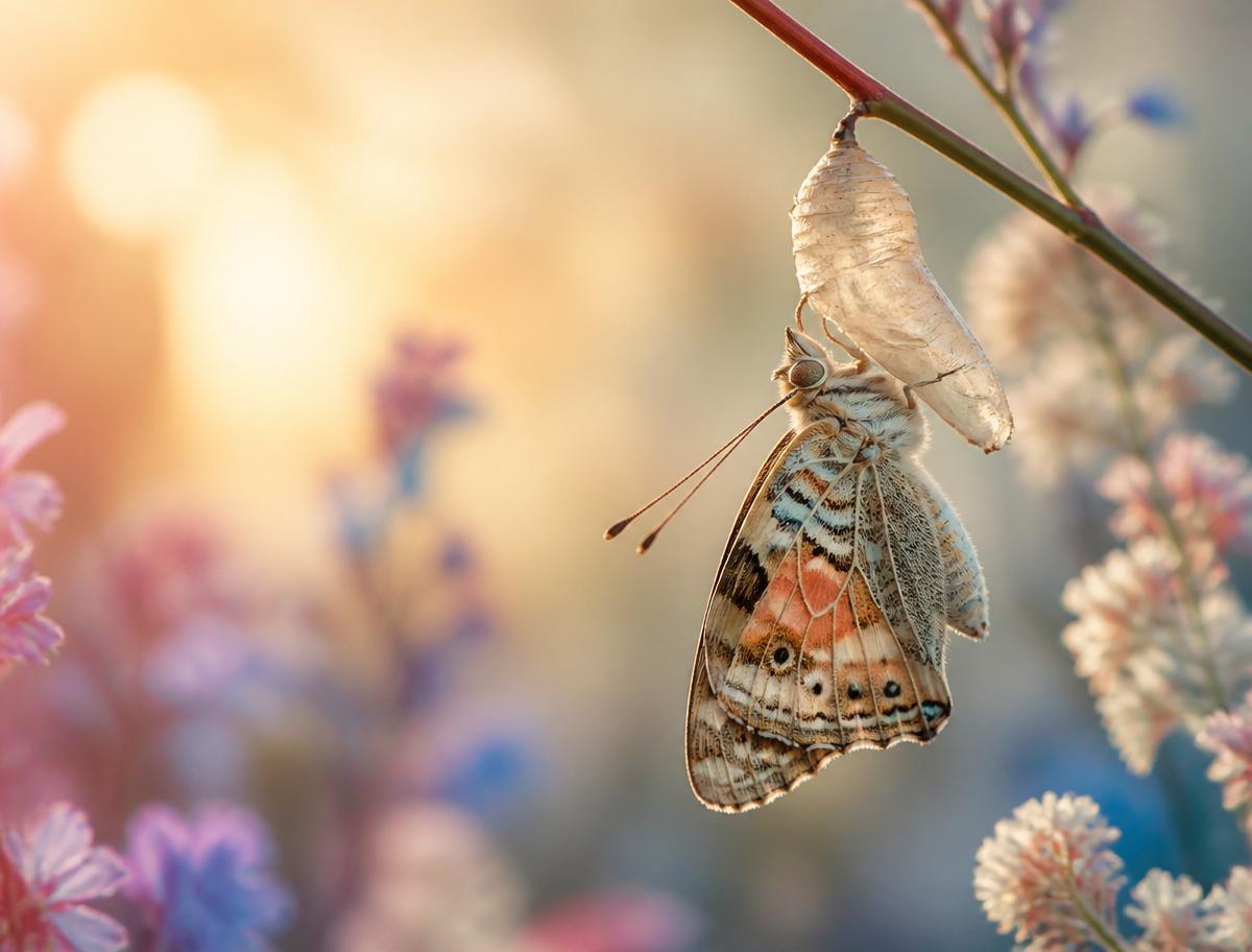 Butterfly emerging from its chrysalis representing release and transformation.