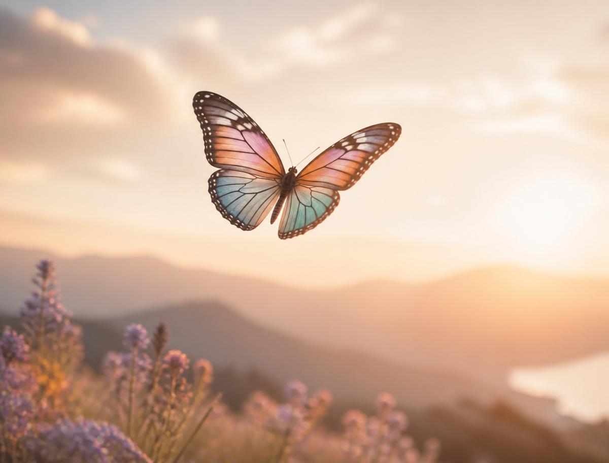 Butterfly flying freely, representing becoming, alignment, and inner freedom.